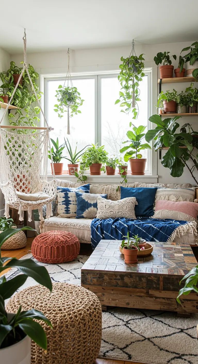 Salón bohemio lleno de plantas, con un sillón colgante de macramé y cojines de estilo étnico.