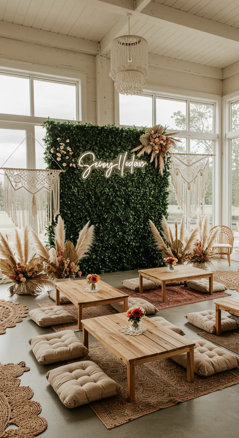 Fiesta boho con pared de hojas verdes, letrero de neón y cojines en el suelo.