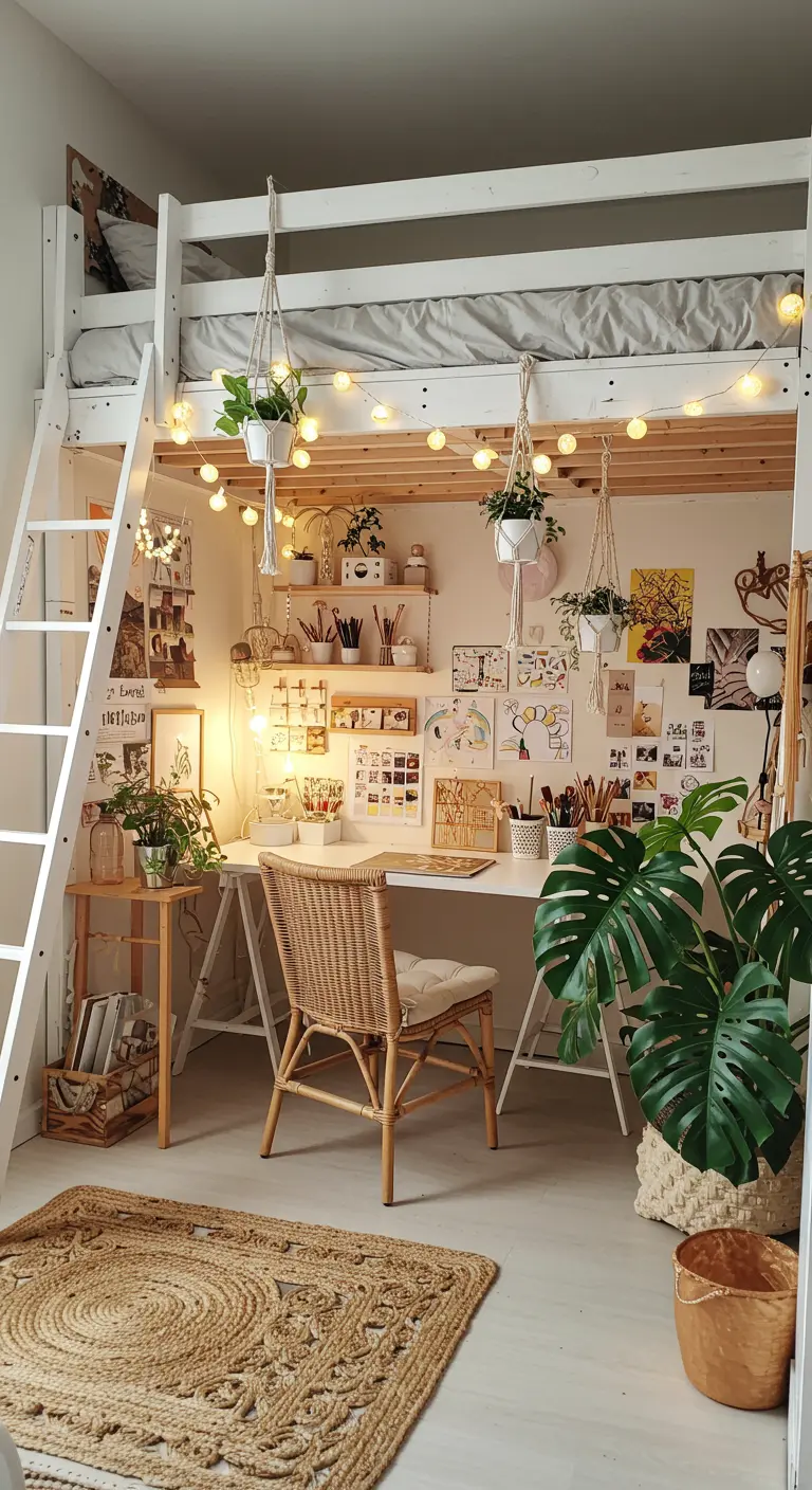 Cama alta blanca decorada con luces, plantas colgantes y un escritorio de estilo bohemio