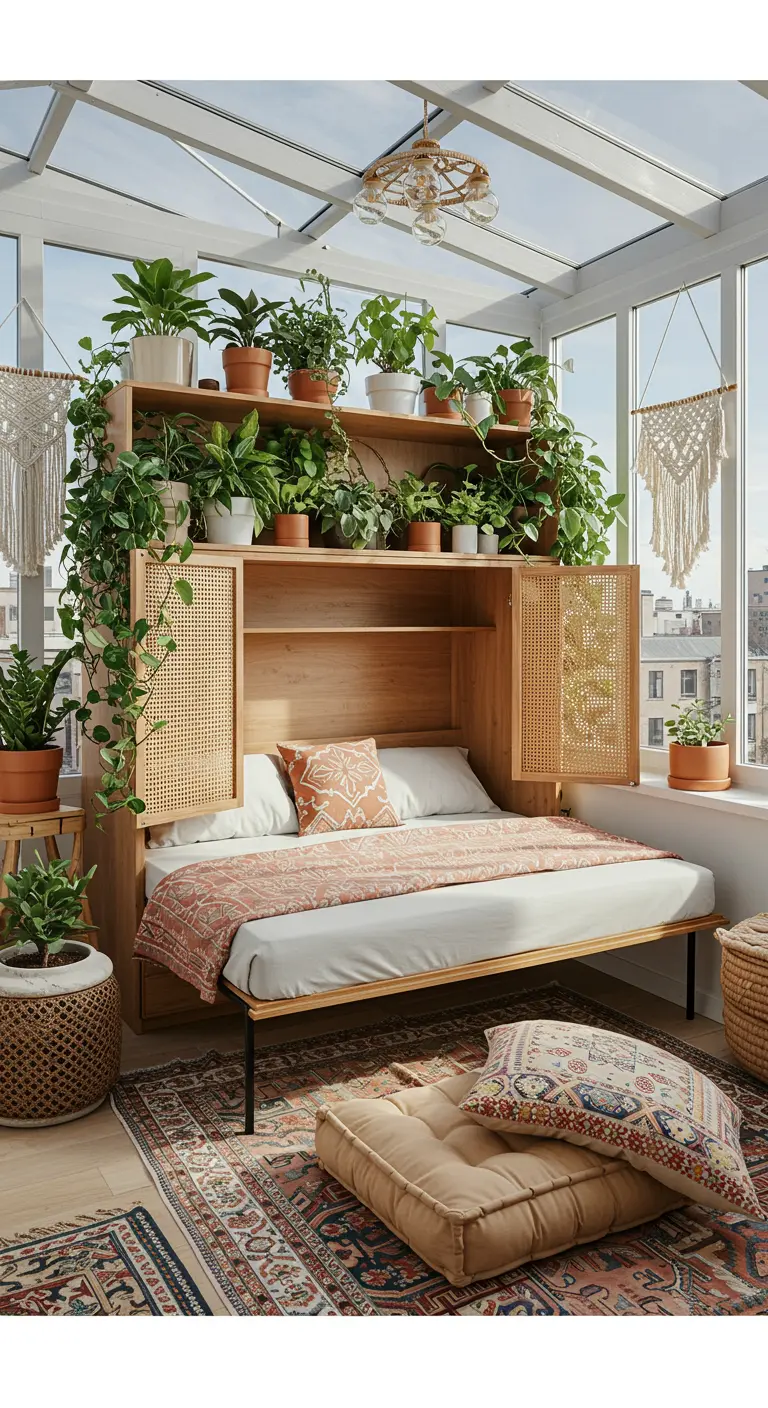 Cama abatible de madera con puertas de ratán en un espacio bohemio lleno de plantas.