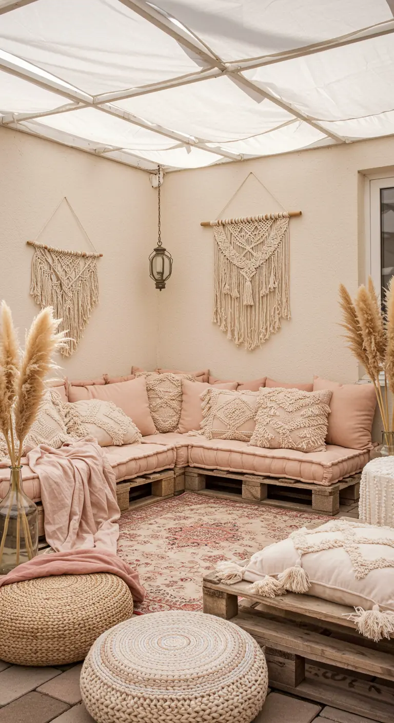 Sofá de palets con cojines rosa y tapices de macramé en un patio de estilo boho.