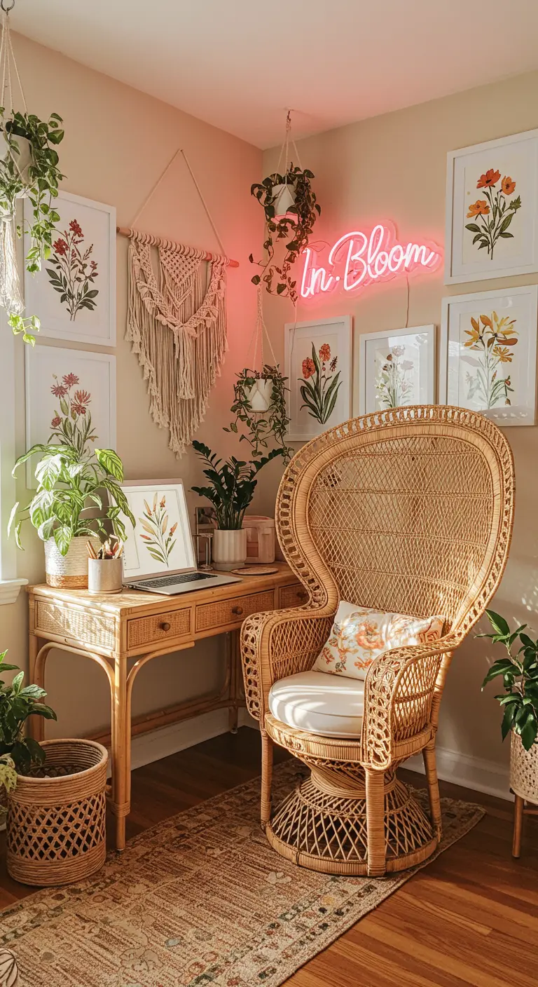 Rincón de trabajo bohemio con silla de mimbre, plantas y un neón rosa 'In Bloom'.