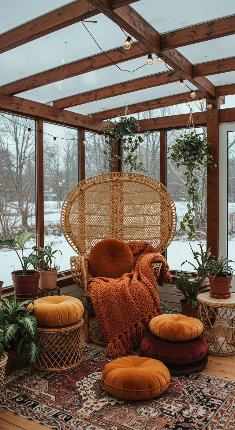 Invernadero con silla de mimbre, cojines de terciopelo naranja y plantas.