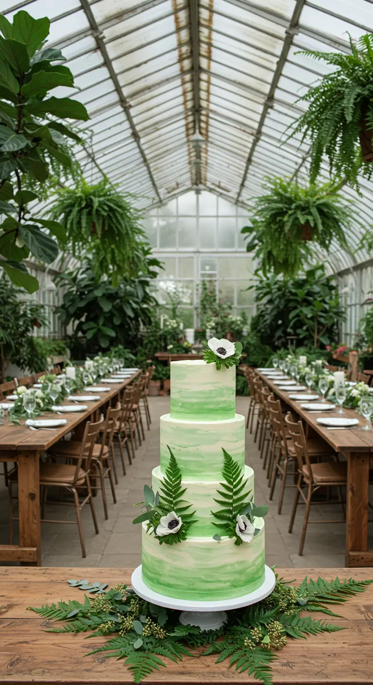 Pastel de varios pisos con efecto acuarela verde y helechos en un invernadero.
