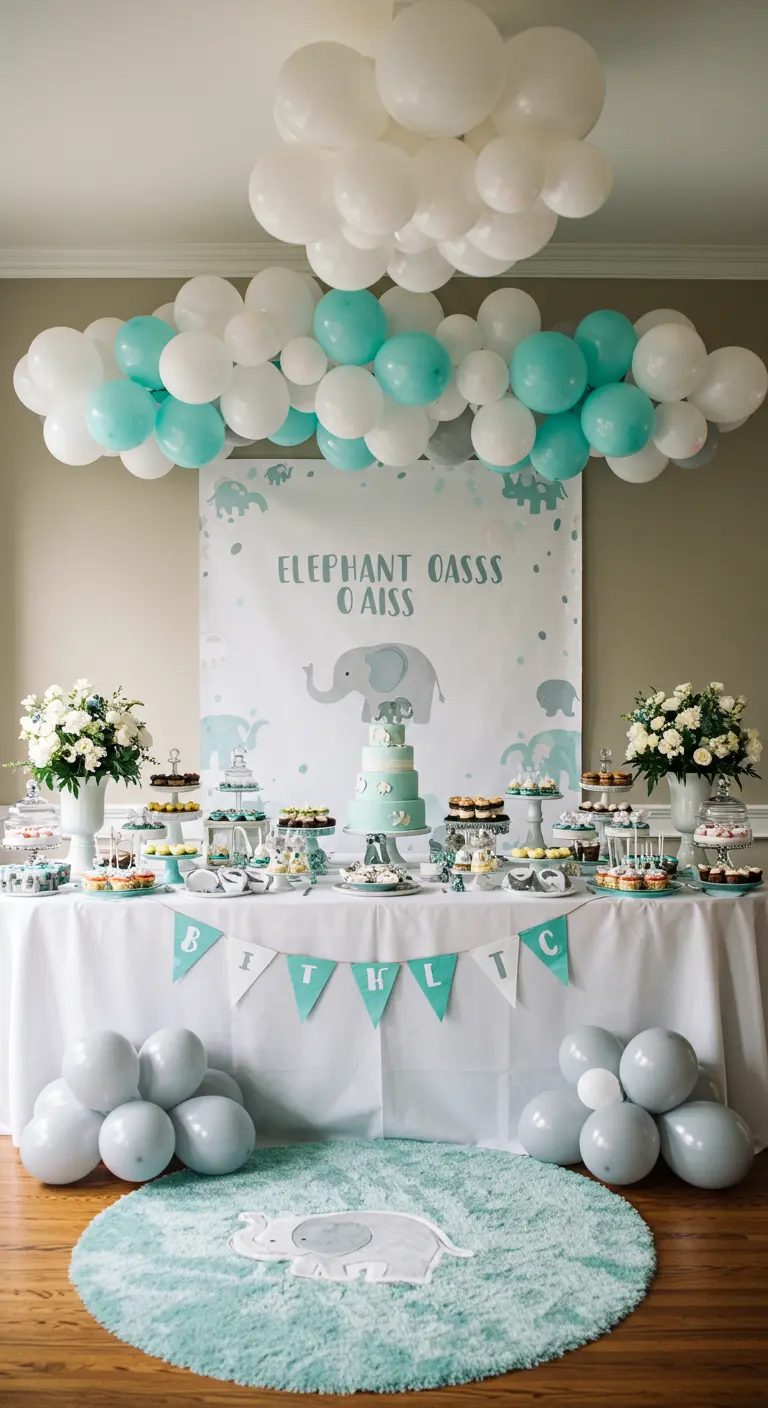 Mesa de postres con temática de elefantes en tonos menta, blanco y gris, con una nube de globos.