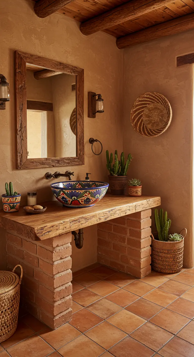 Baño de estilo suroeste con base de ladrillo, encimera de madera y lavabo de Talavera.