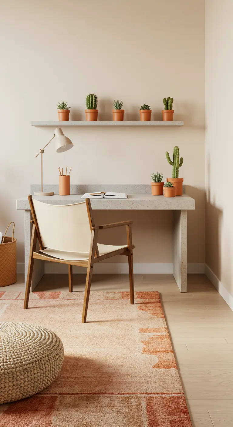 Escritorio de cemento con silla de madera y lona, y estante con cactus en macetas de terracota.