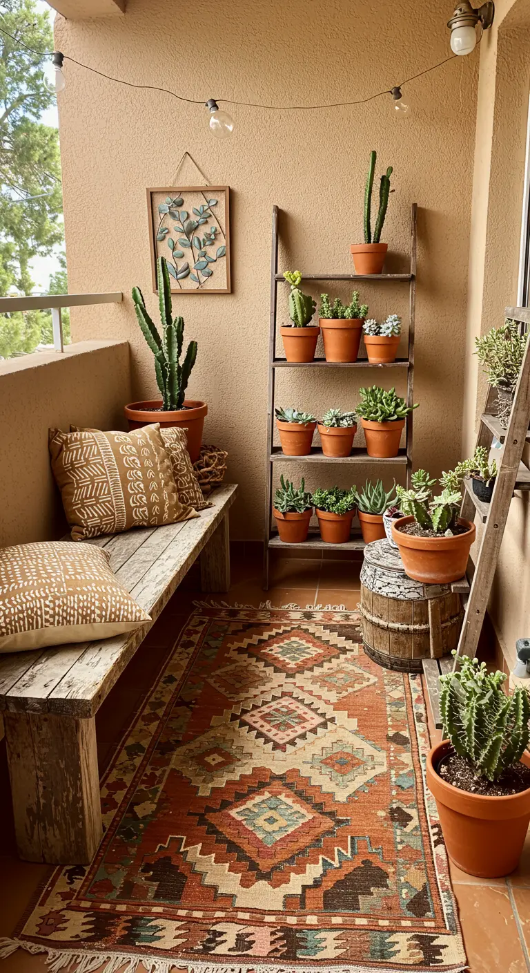 Balcón rústico con un banco de madera, una alfombra kilim y una colección de cactus y suculentas.