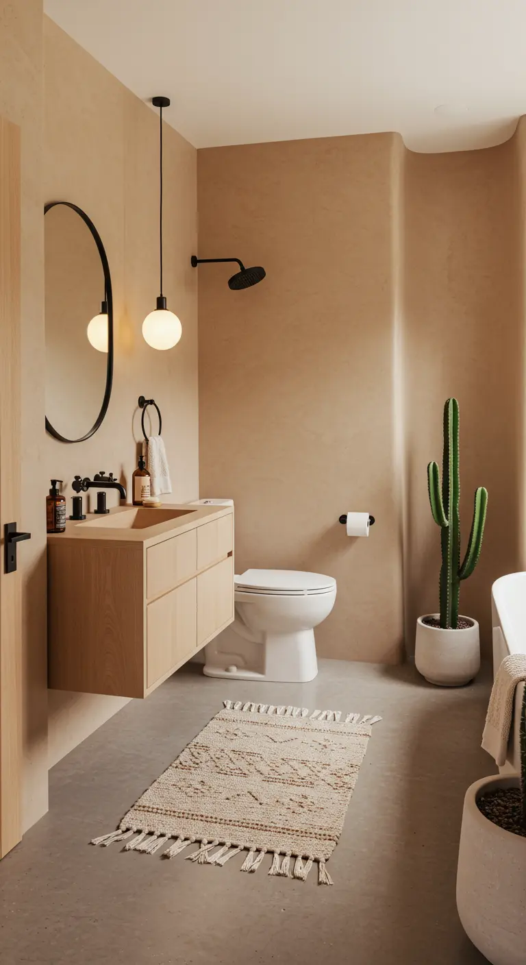 Baño de estilo desértico moderno con paredes color arena, madera clara y un gran cactus