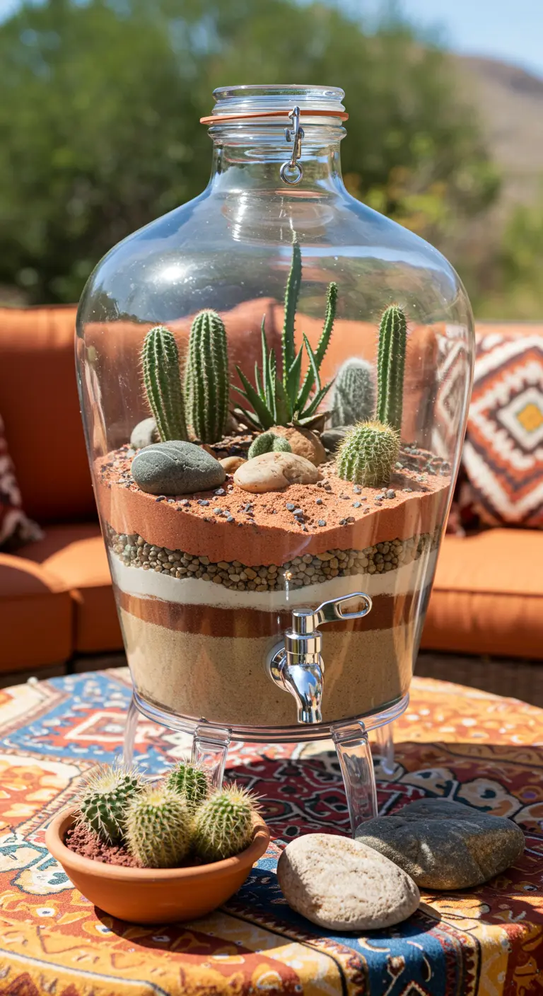 Un dispensador de bebidas de vidrio convertido en un terrario de desierto con capas de arena y varios cactus.