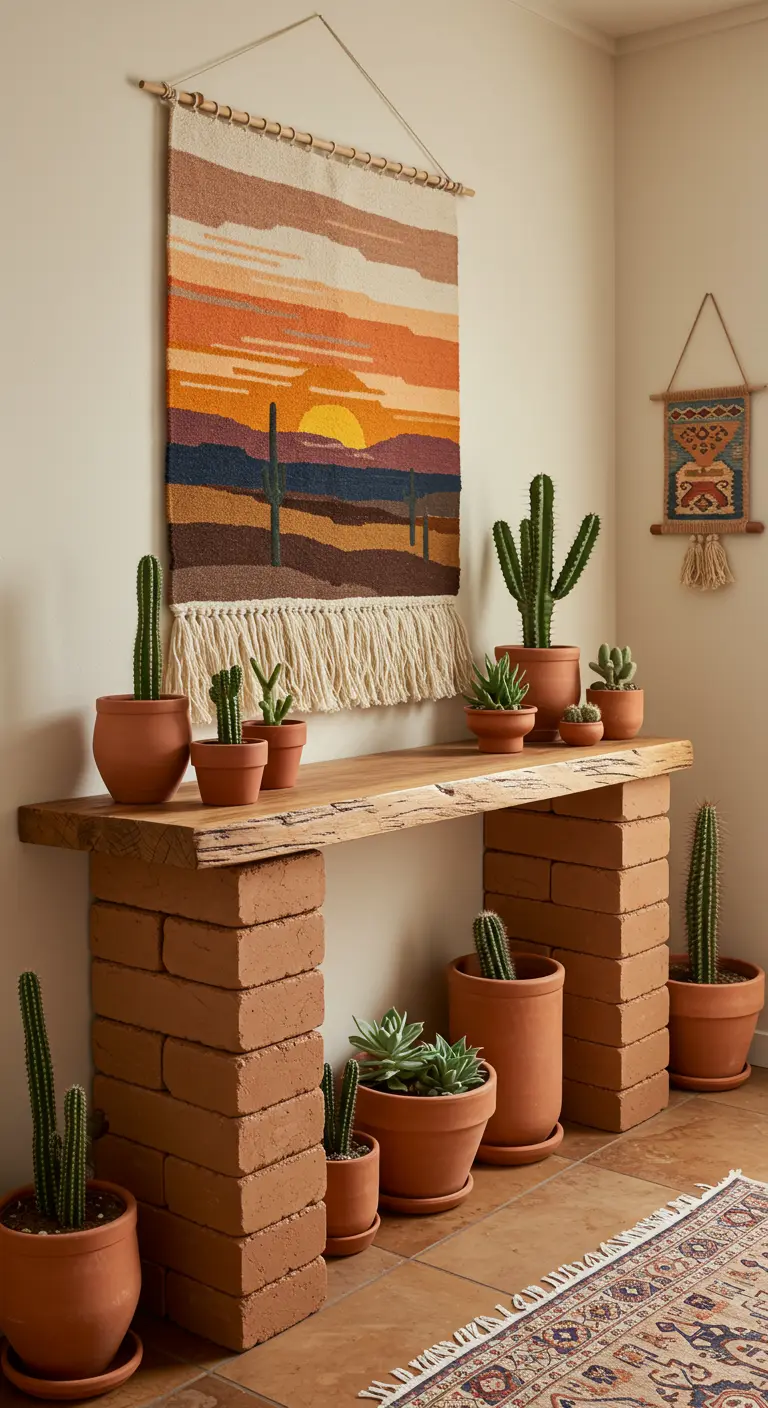 Rincón de entrada de estilo suroeste con una consola de ladrillos y madera, y muchos cactus.
