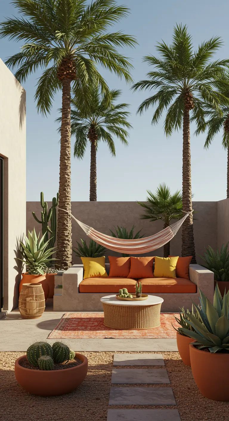 Patio de estilo desértico con sofá de obra, cojines naranjas y plantas de agave y cactus