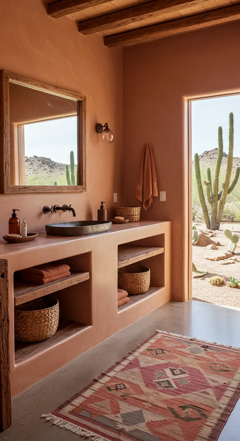 Baño de estilo desértico con paredes de estuco terracota y vistas al exterior.
