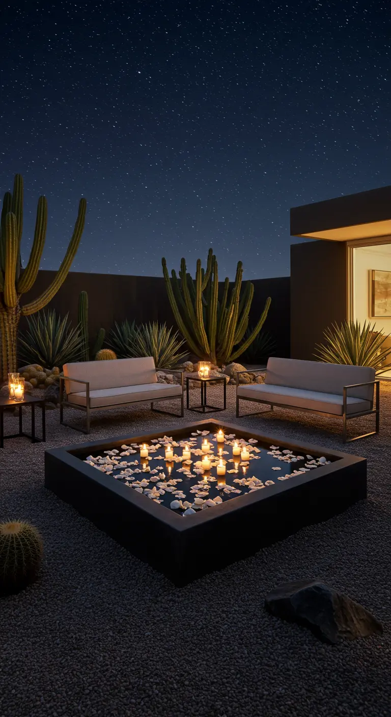 Jardín desértico con una fuente cuadrada con velas flotantes y pétalos blancos bajo un cielo estrellado.