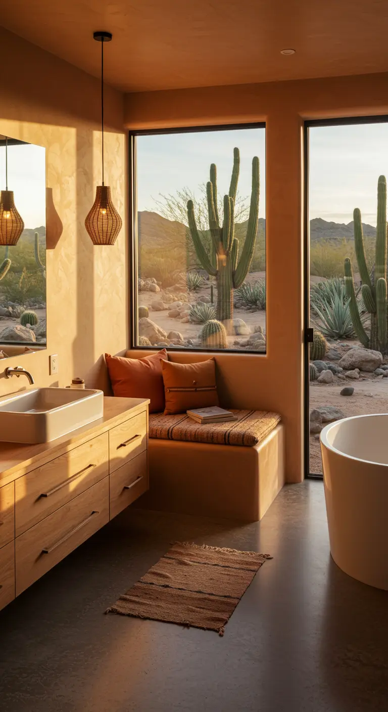 Baño moderno con vistas al desierto, banco de obra con cojines y lavabo de diseño.