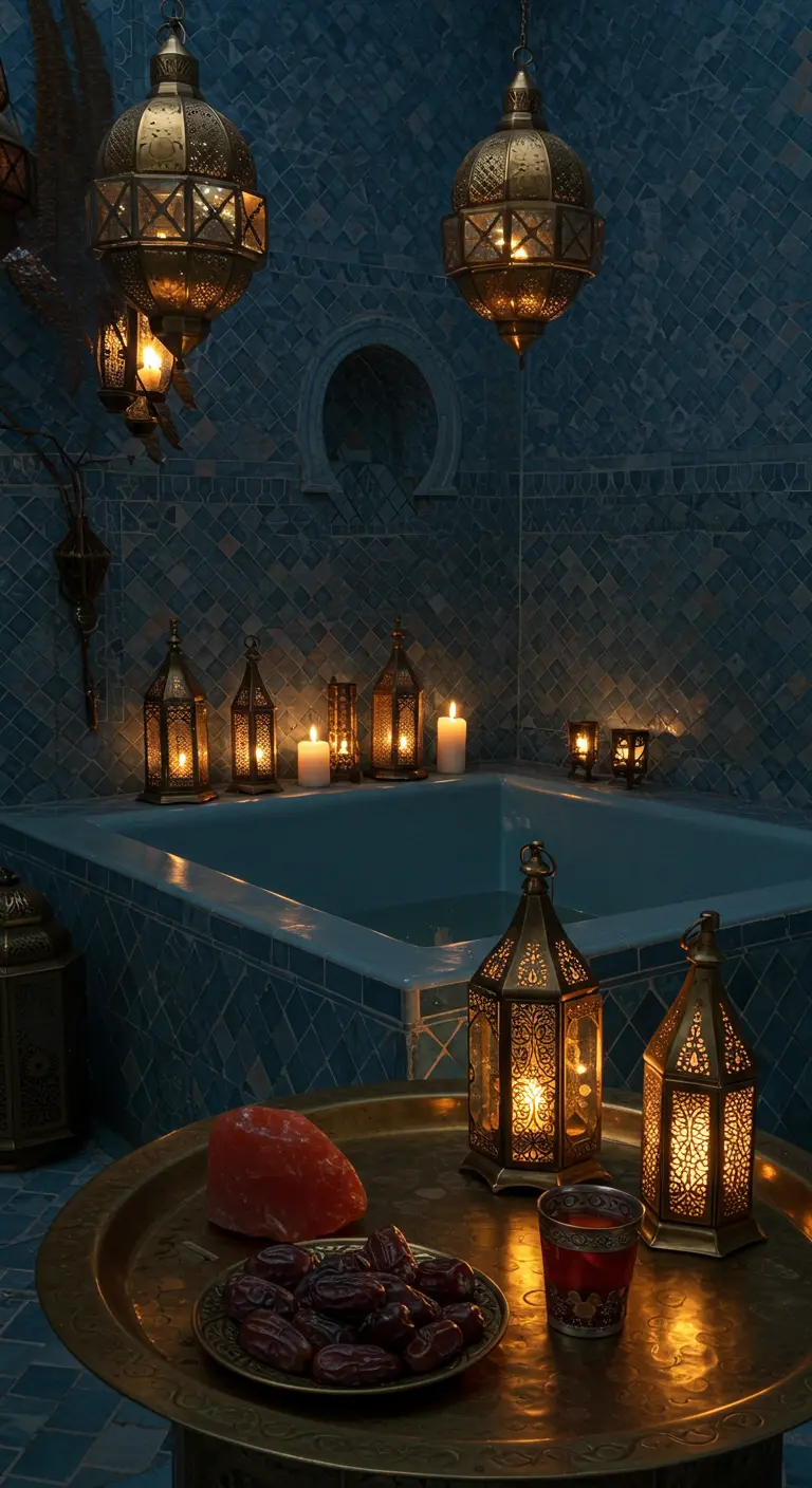 Baño marroquí con azulejos azules, múltiples linternas de metal y una bandeja con dátiles.