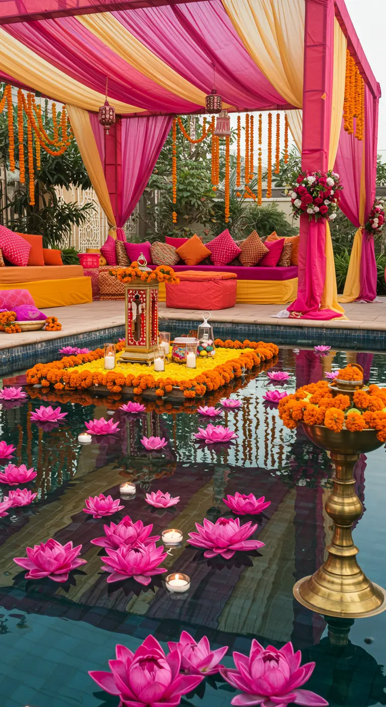 Piscina decorada con flores de loto flotantes y una plataforma central con caléndulas y velas.