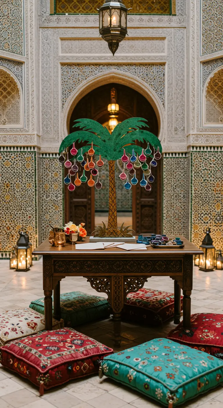 Palmera 3D con etiquetas de deseos colgando en un patio de estilo marroquí.