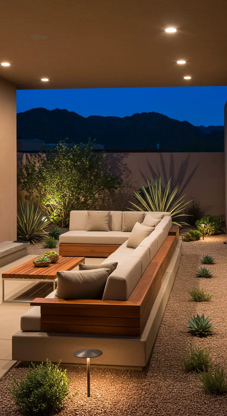 Patio de estilo desértico con sofás integrados de madera y hormigón y plantas suculentas