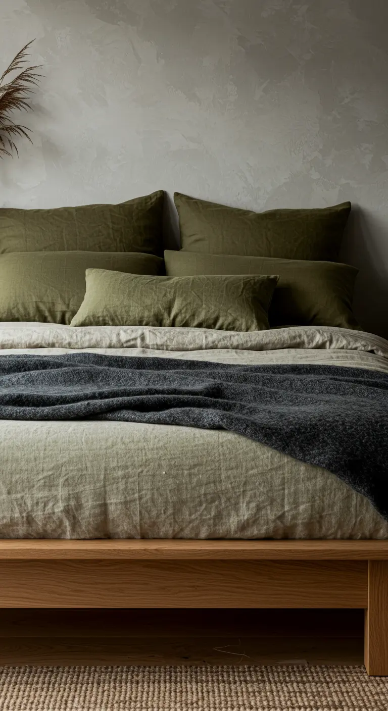 Cama con capas de cojines y ropa de cama en diferentes tonos de verde, con una manta gris.