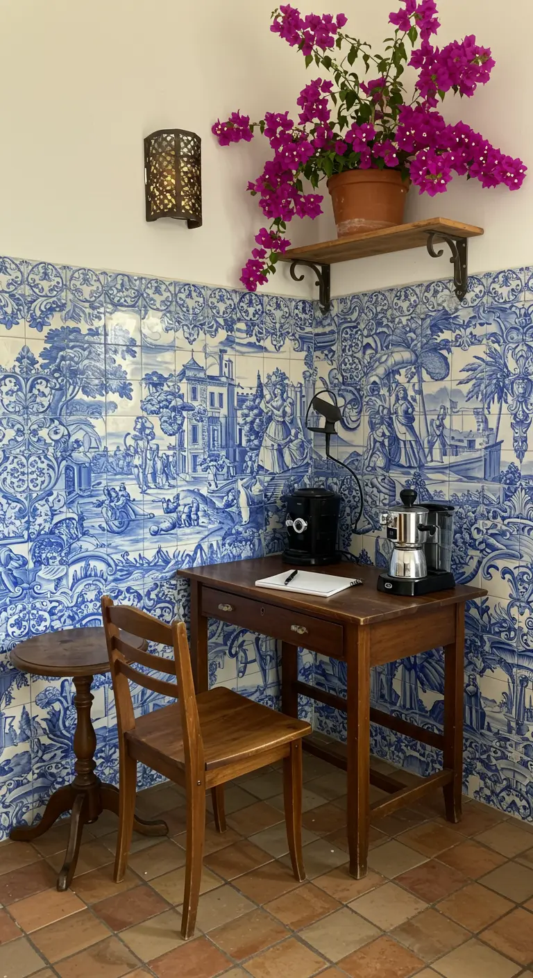 Escritorio de madera frente a una pared de azulejos portugueses y una buganvilla.