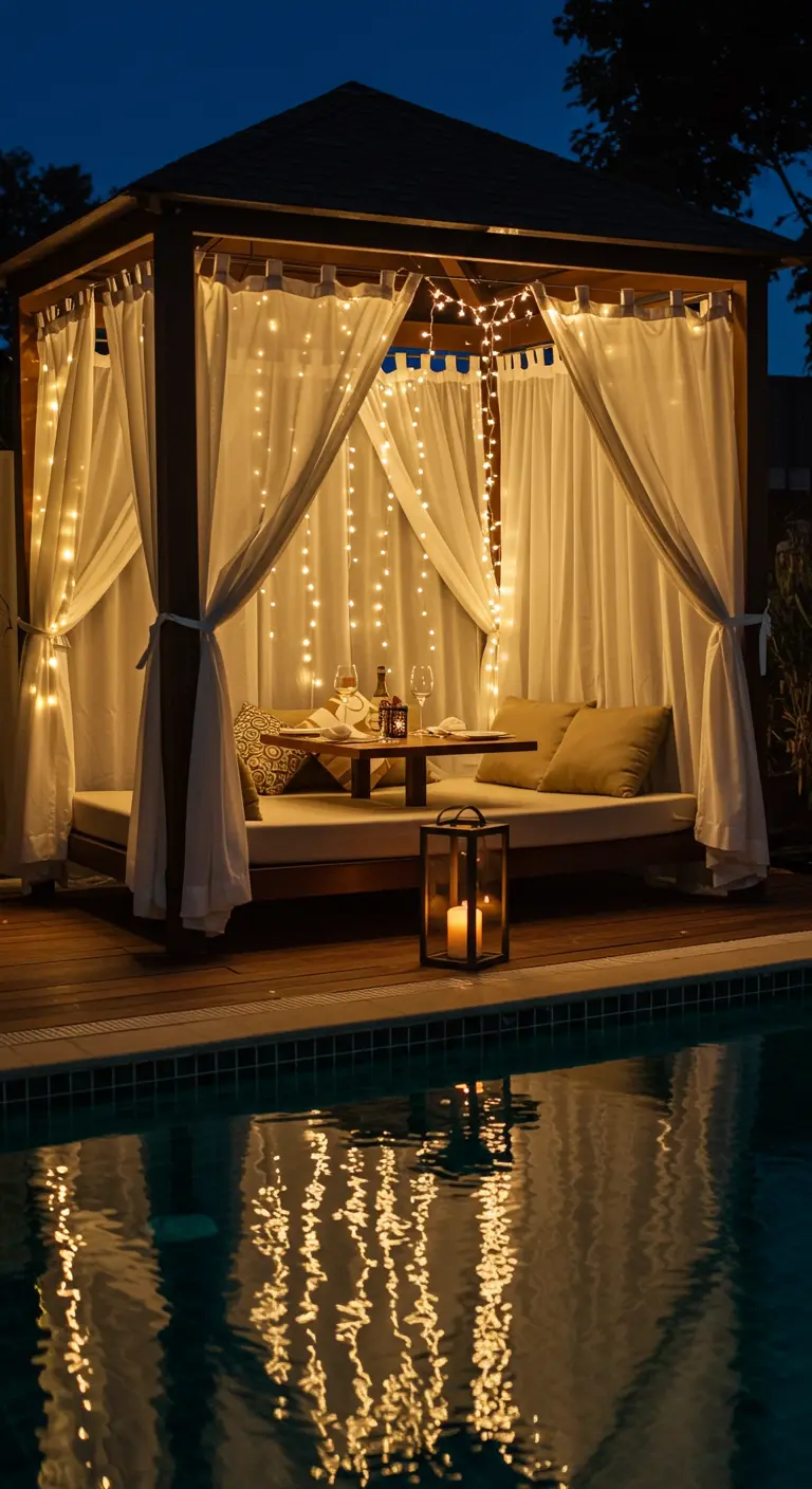 Cabaña de madera junto a una piscina con cortinas blancas y luces de hadas colgantes.