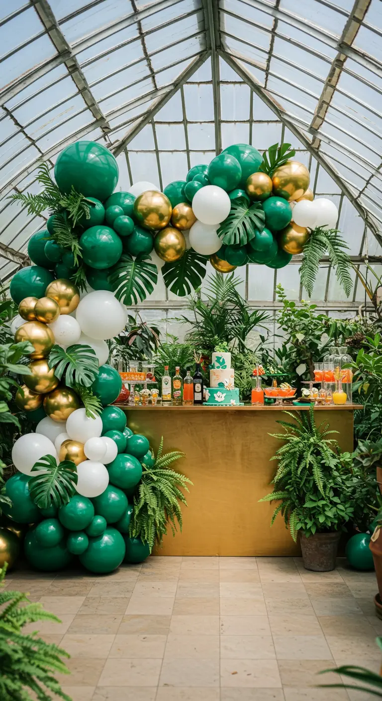 Arco de globos verdes, blancos y dorados con hojas tropicales en un invernadero.