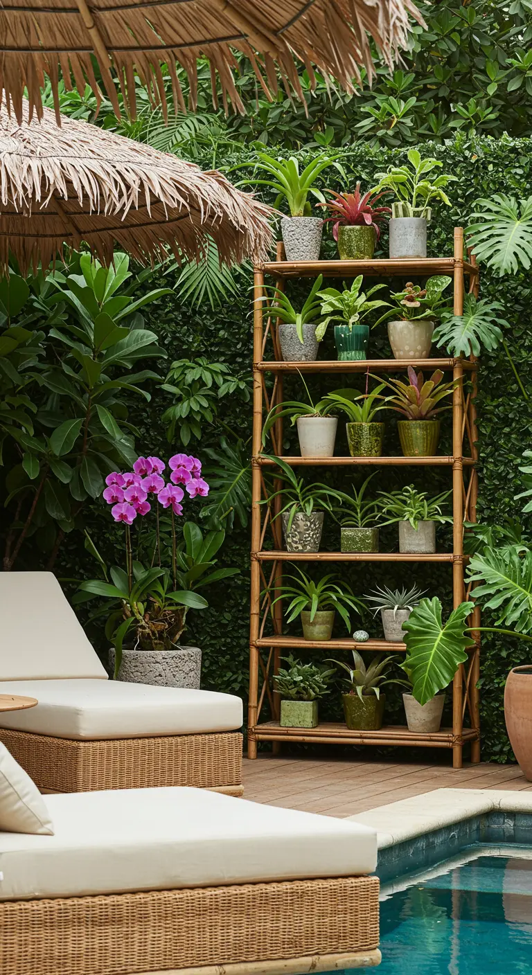 Estantería alta de bambú junto a una piscina con una colección de plantas tropicales.