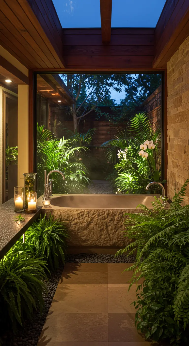 Baño con una gran ventana a un jardín exuberante, bañera de piedra y muchas plantas tropicales.