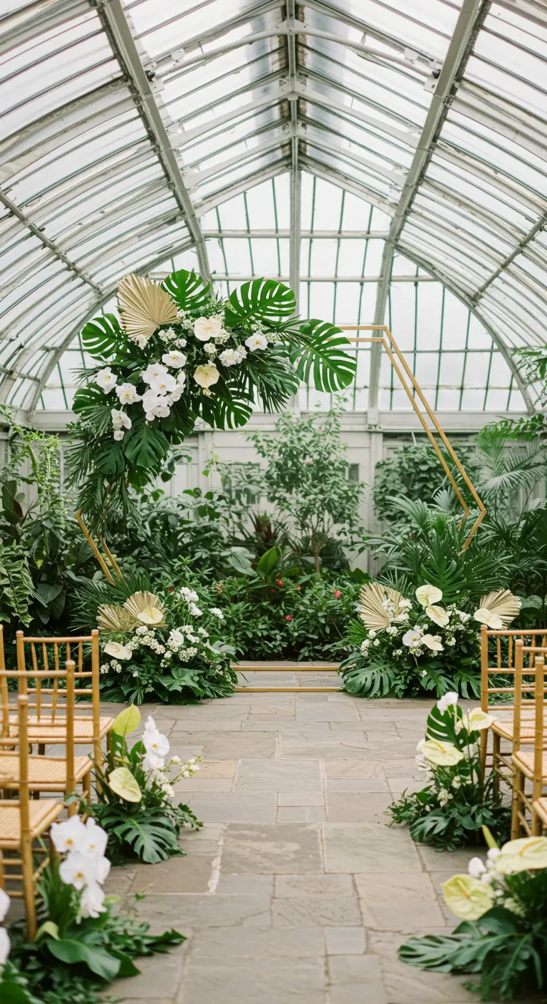 Arco de boda hexagonal dorado en un invernadero, decorado con hojas tropicales y flores blancas.