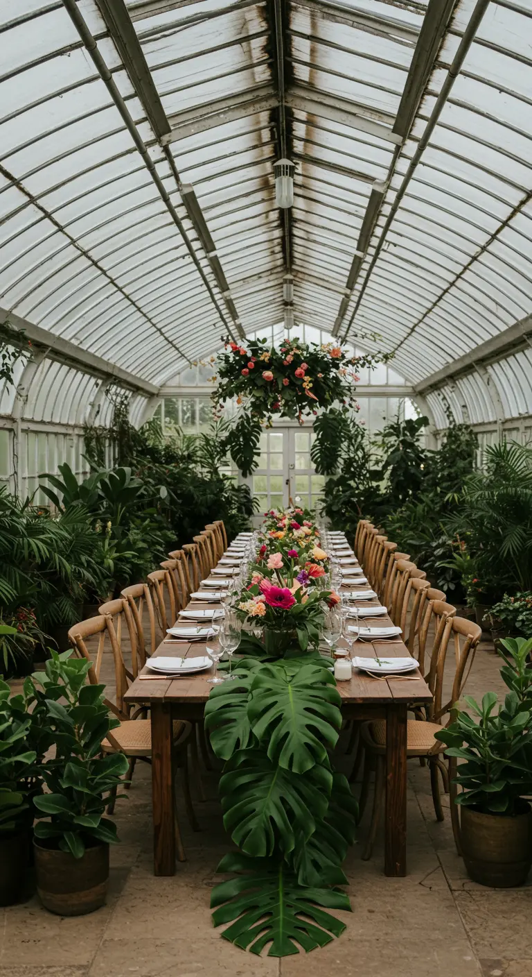 Mesa de comedor en un invernadero lleno de plantas tropicales, con un arreglo floral colgante.