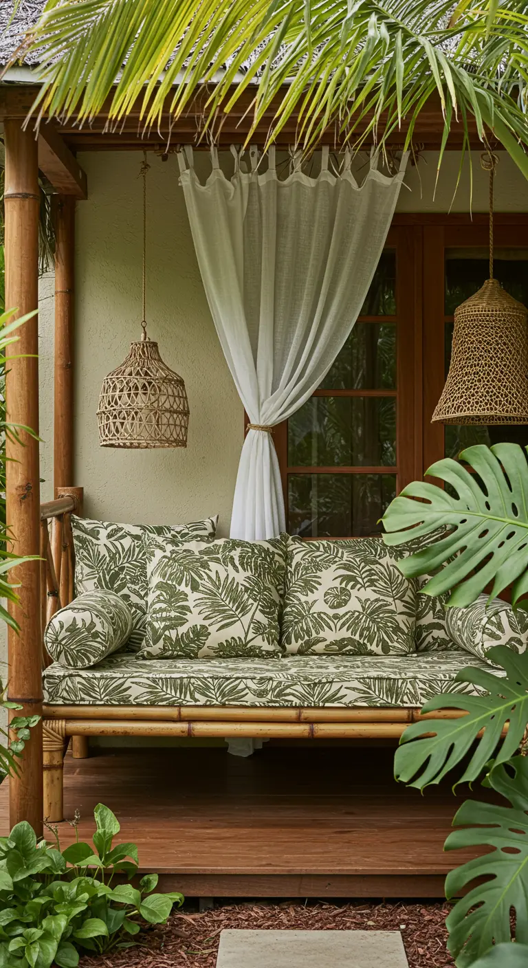 Banco de bambú con cojines estampados con hojas de palmera verdes en un porche tropical.