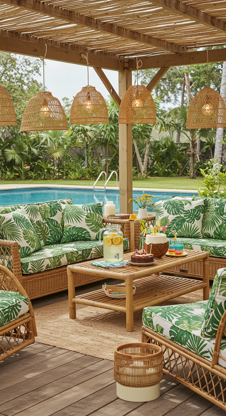 Zona de descanso junto a la piscina con muebles de ratán y cojines tropicales.