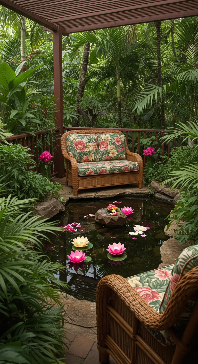 Pequeño estanque en un jardín tropical con nenúfares, flores y velas flotantes.