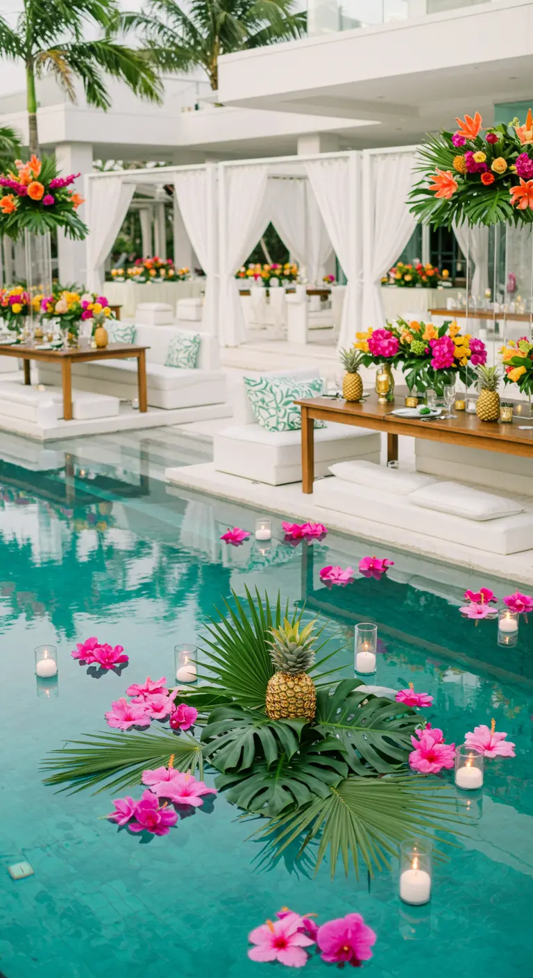 Decoración flotante con piñas y flores tropicales en una piscina para boda.