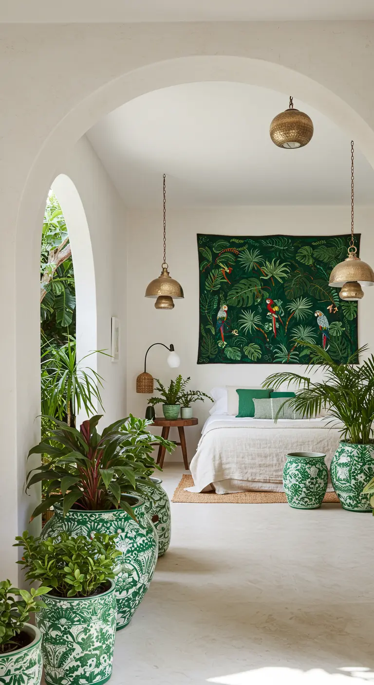 Habitación blanca y luminosa con tapiz de selva, plantas y macetas de cerámica verde.