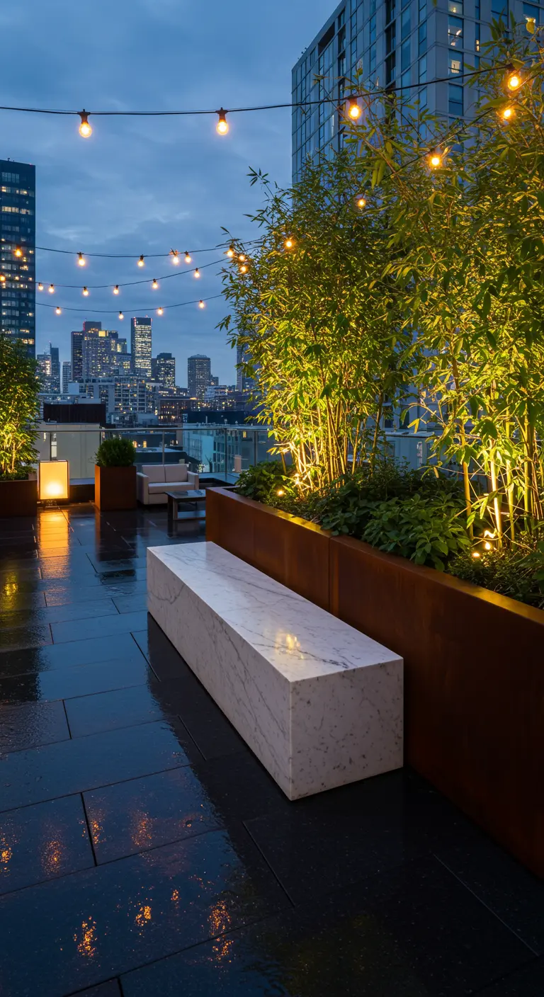 Terraza urbana de noche con un banco largo de mármol, jardineras y guirnaldas de luces.