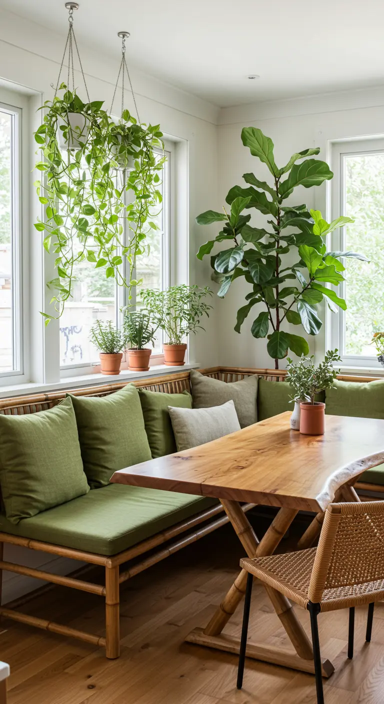Comedor luminoso rodeado de plantas con un banco de bambú y cojines verdes.