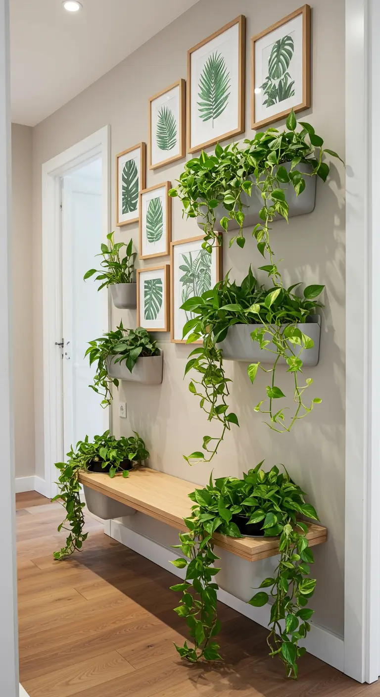 Pasillo con jardín vertical, láminas de hojas y un banco de madera con plantas colgantes.