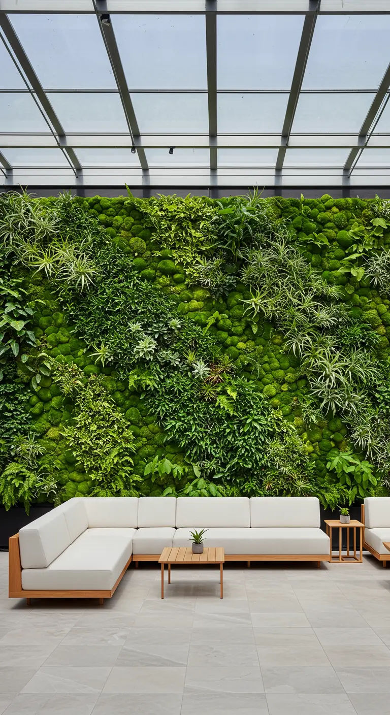 Pared verde viviente llena de plantas y musgo detrás de un sofá modular blanco en un espacio moderno.