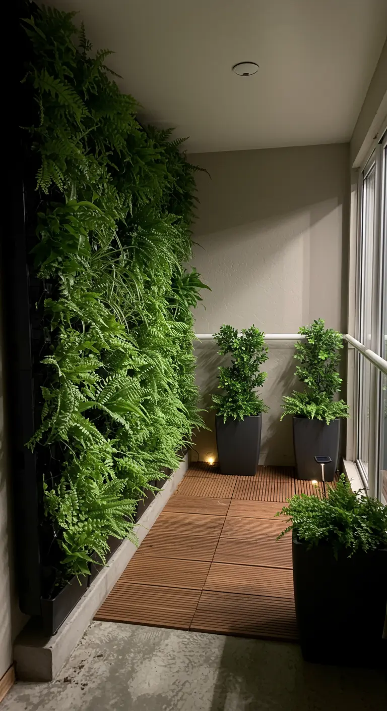 Balcón estrecho con una impresionante pared de jardín vertical llena de helechos frondosos.