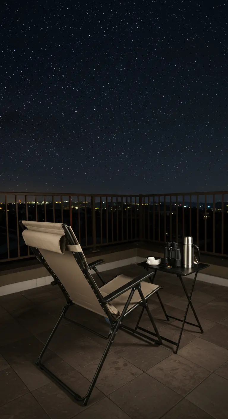 Silla de camping reclinable y mesa auxiliar plegable en una terraza bajo un cielo estrellado.