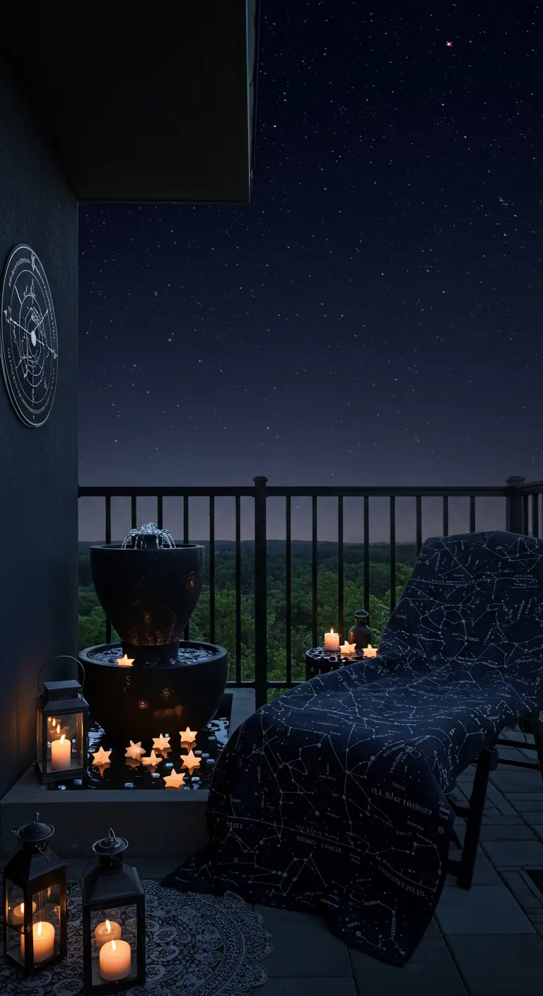 Balcón oscuro con temática de estrellas, fuente negra, velas flotantes en forma de estrella y una tumbona