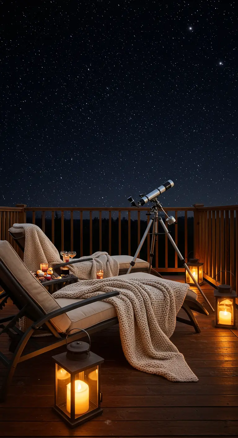 Terraza de madera con tumbonas, mantas, un telescopio y faroles mirando al cielo estrellado.