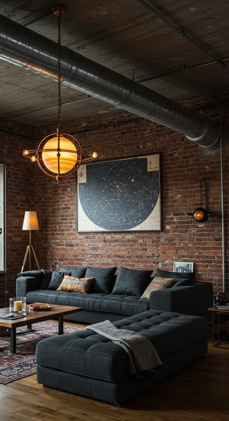 Loft industrial con pared de ladrillo, sofá oscuro y un gran mapa estelar enmarcado.