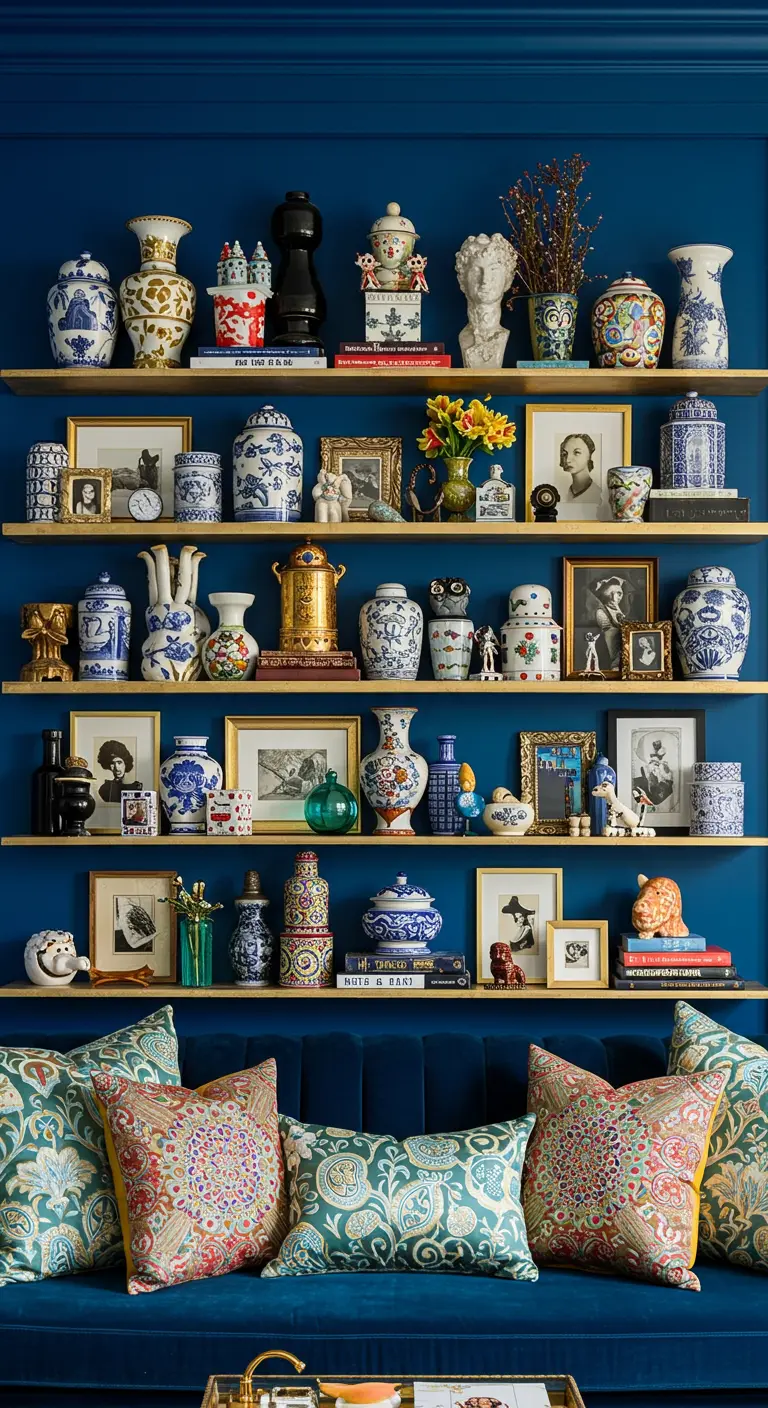 Estanterías doradas sobre una pared azul repletas de una colección de cerámica azul y blanca.