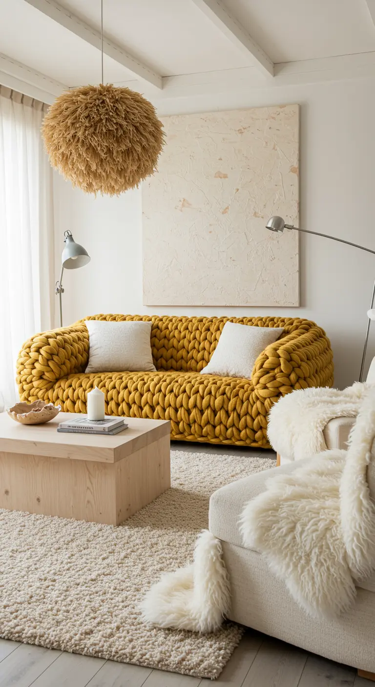 Sofá mostaza de punto grueso en un salón blanco con alfombra de pelo largo y lámpara de plumas.