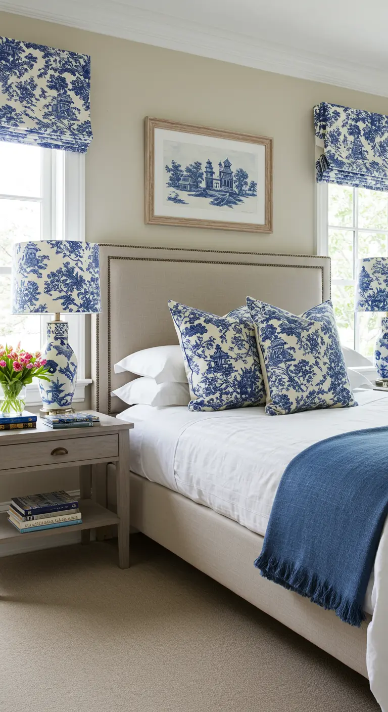 Dormitorio decorado con el mismo estampado Toile de Jouy en azul y blanco en cojines, estores y lámparas.
