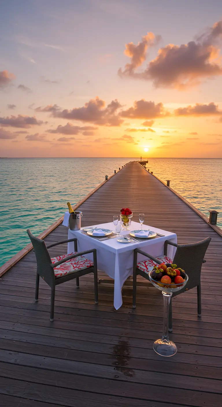 Mesa para dos en un muelle al atardecer, con champán y un cuenco de frutas.