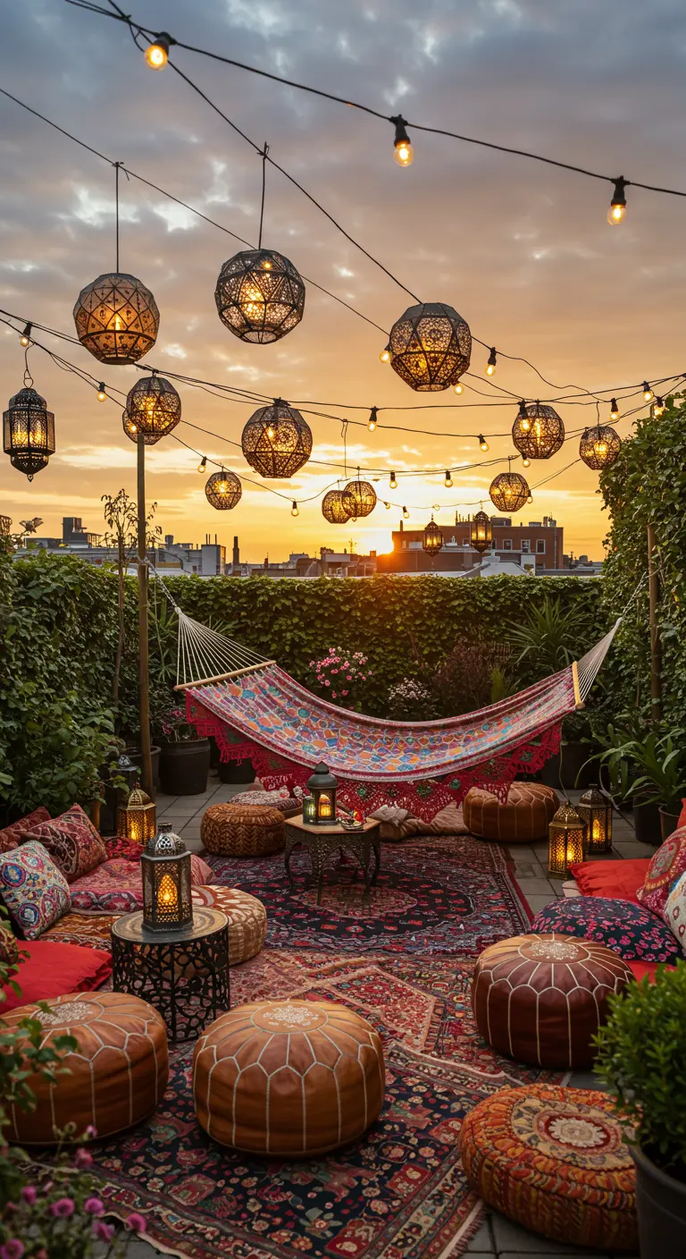 Terraza marroquí con hamaca, alfombras, pufs y farolillos al atardecer.
